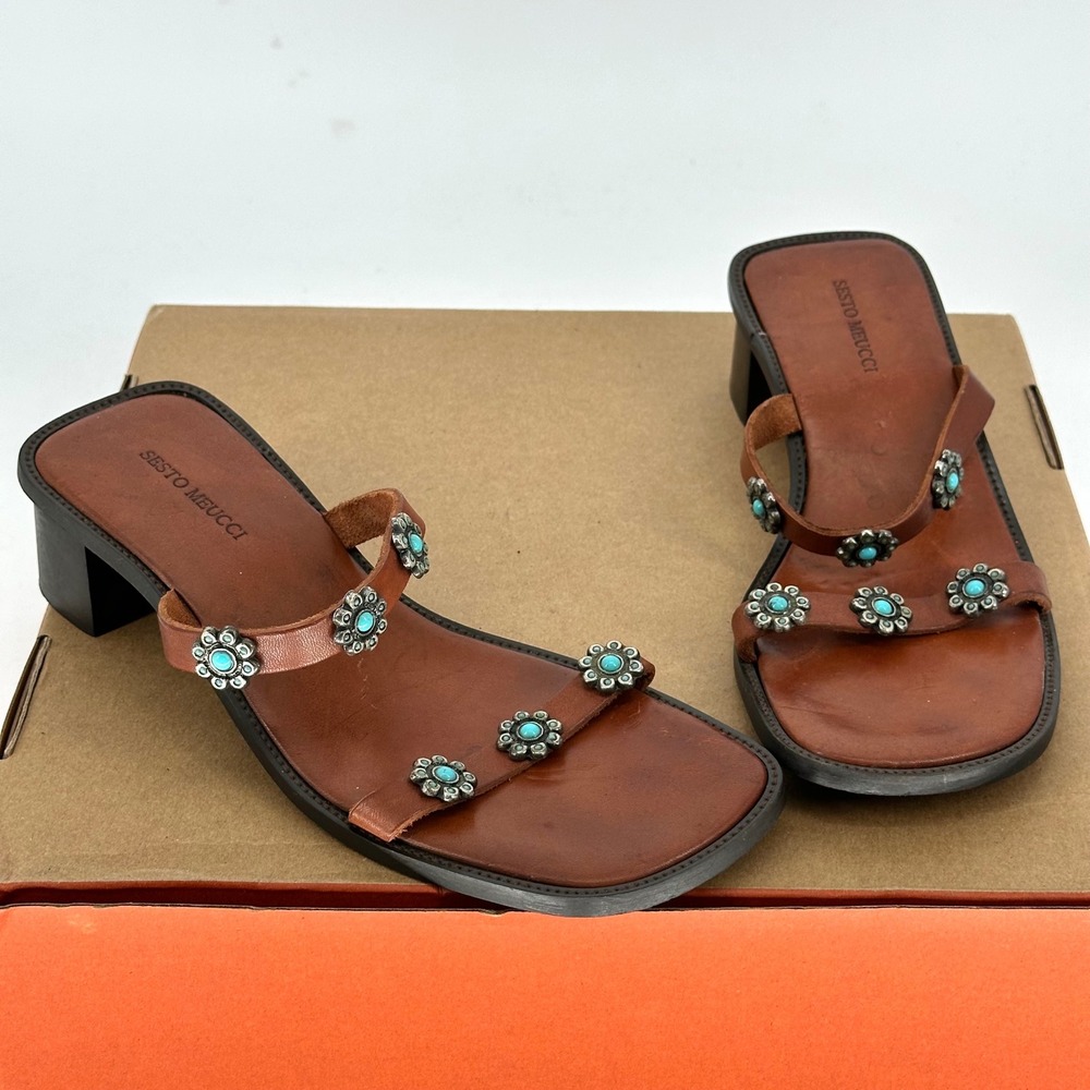 Y2K Sesto Meucci Brown Leather Turquoise Embellished Block Heel Sandals Boho 9